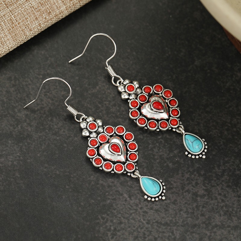Women's Heart-Shaped Two-Tone Turquoise Inlaid Dangling Earrings
